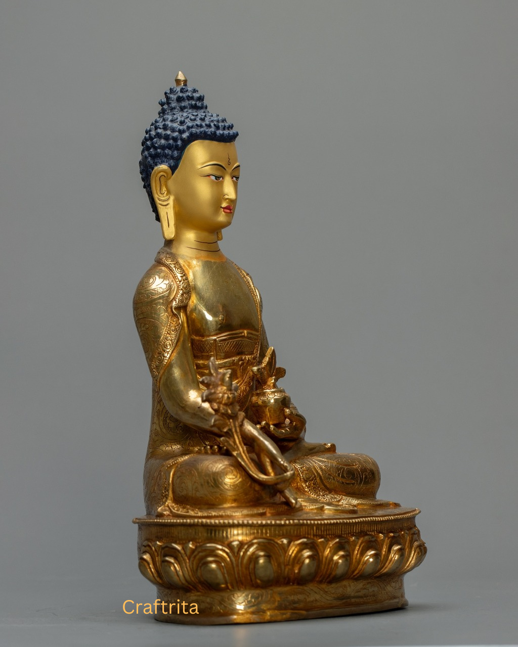 Medicine Buddha Statue 3 kg – Copper Body with 24K Gold Plating by Fire Gilding | Handmade Tibetan Buddhist Deity of Healing & Spiritual Protection