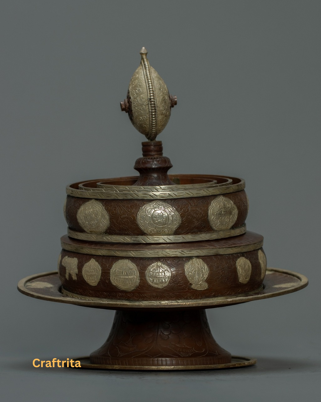 Tibetan Offering Mandala Set – Handmade Copper & Silver-Plated Ritual Art | Nepalese Spiritual Decor