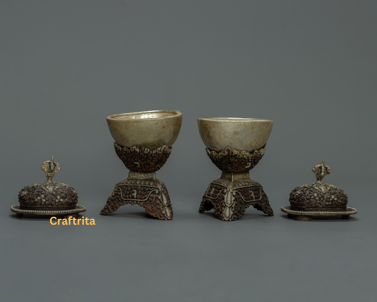 Tibetan Kapala Set – Handcrafted Oxidized Copper with Silver Plating | Buddhist Ritual Skull Cup | Made in Nepal