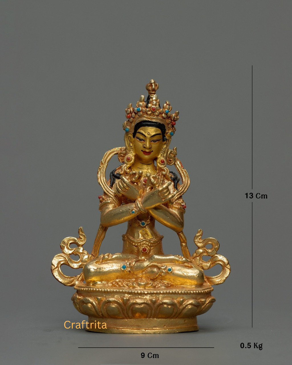 Vajradhara Buddha Statue 0.5kg – Copper Body with 24K Gold Plating by Fire Gilding | Handmade Tibetan Buddhist Primordial Buddha for Spiritual Home Decor