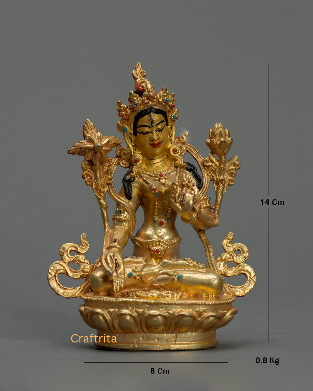 White Tara Statue 0.8kg – Copper Body with 24K Gold Plating by Fire Gilding | Handmade Tibetan Buddhist Goddess of Healing & Longevity