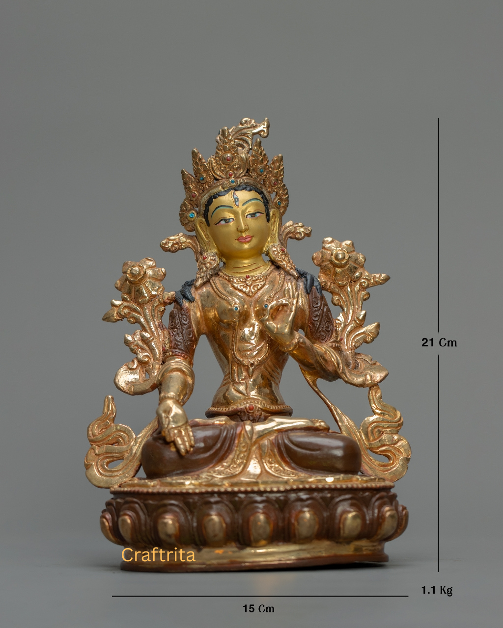 White Tara Statue 1.1kg – Handmade in Nepal | Copper Body with 24K Gold Plating by Fire Gilding & Acrylic Painting | Tibetan Buddhist Goddess of Healing & Longevity