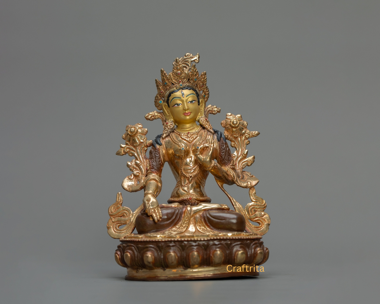 White Tara Statue 1.1kg – Handmade in Nepal | Copper Body with 24K Gold Plating by Fire Gilding & Acrylic Painting | Tibetan Buddhist Goddess of Healing & Longevity