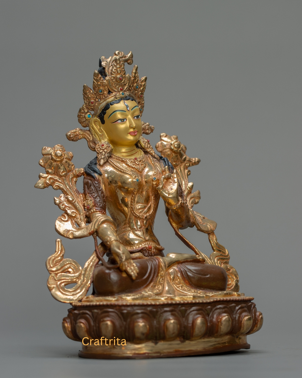 White Tara Statue 1.1kg – Handmade in Nepal | Copper Body with 24K Gold Plating by Fire Gilding & Acrylic Painting | Tibetan Buddhist Goddess of Healing & Longevity