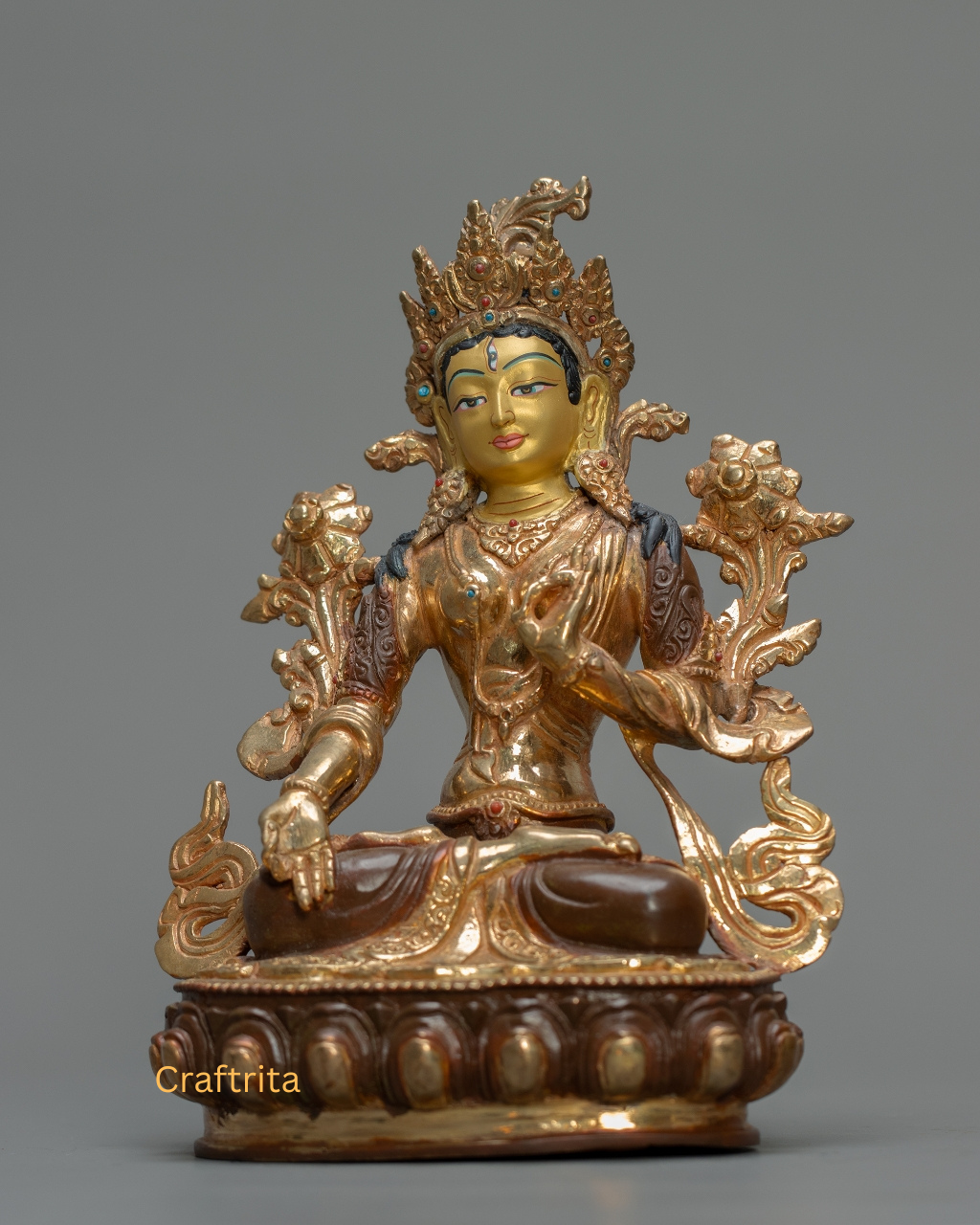 White Tara Statue 1.1kg – Handmade in Nepal | Copper Body with 24K Gold Plating by Fire Gilding & Acrylic Painting | Tibetan Buddhist Goddess of Healing & Longevity