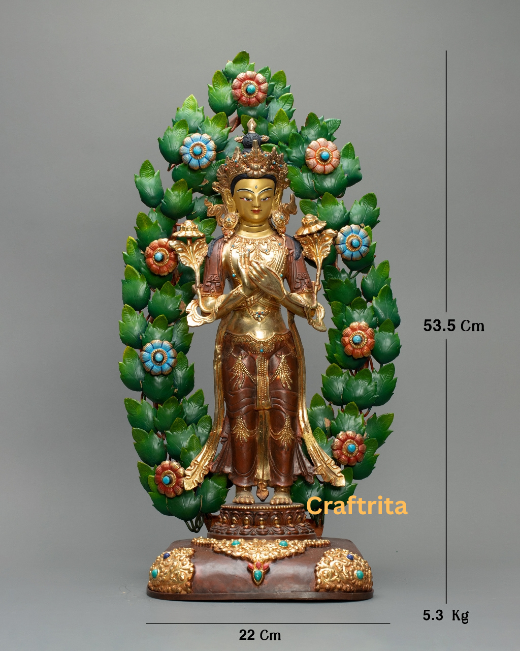 Maitreya Buddha Statue – Crafted in Nepal – 5.3kg Copper Body with Gold Gilding & Acrylic Paint – Spiritual Decor & Meditation Altar