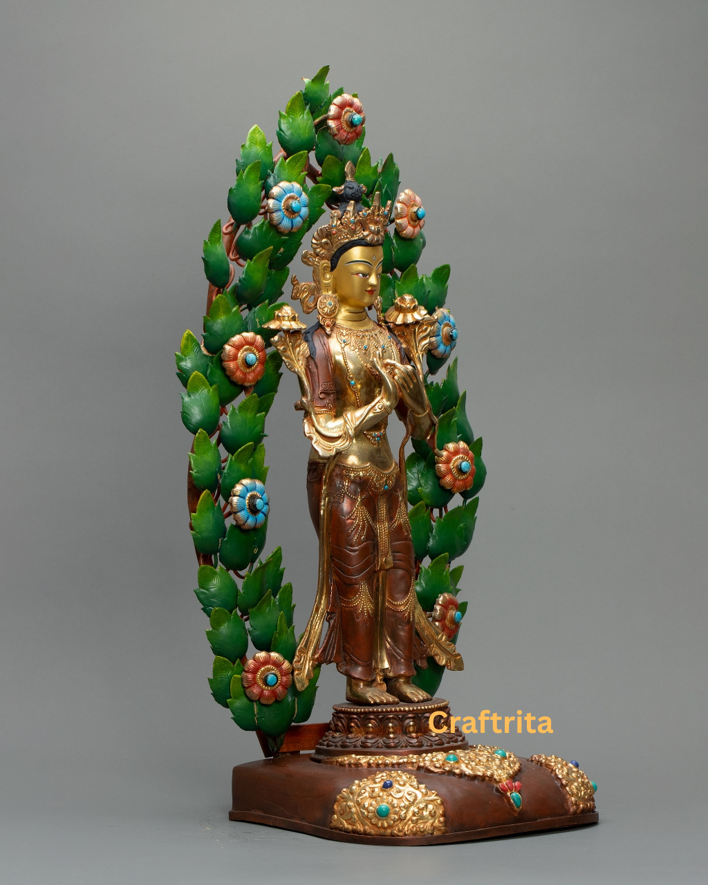 Maitreya Buddha Statue – Crafted in Nepal – 5.3kg Copper Body with Gold Gilding & Acrylic Paint – Spiritual Decor & Meditation Altar