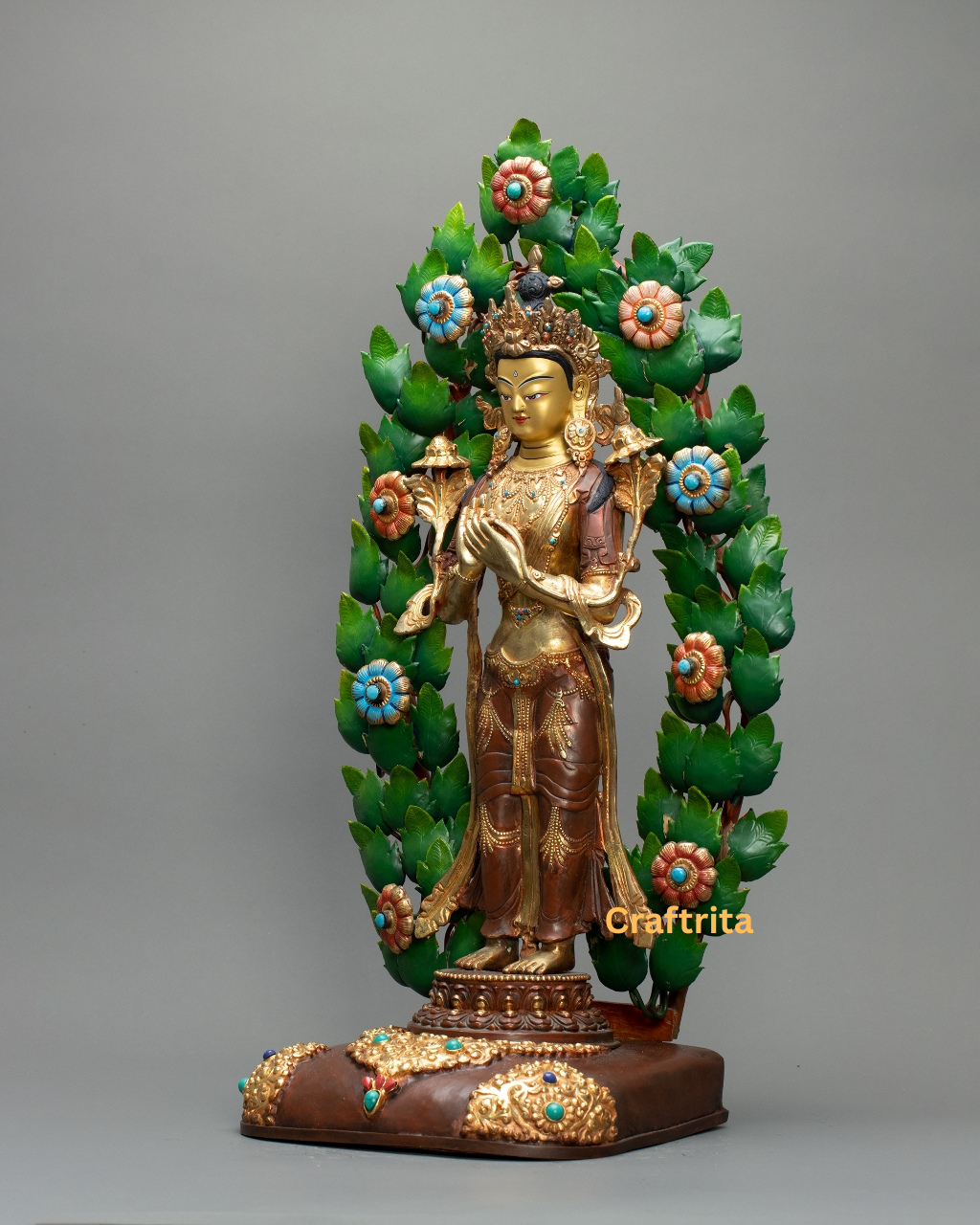 Maitreya Buddha Statue – Crafted in Nepal – 5.3kg Copper Body with Gold Gilding & Acrylic Paint – Spiritual Decor & Meditation Altar