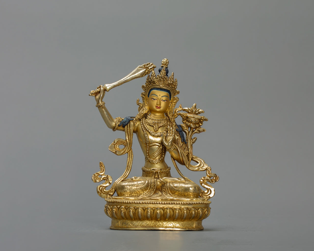 Manjushree Bodhisattva Statue 1.5 kg – Handmade in Nepal | Copper Body with 24K Gold Plating | Tibetan Buddhist Art & Spiritual Home Decor