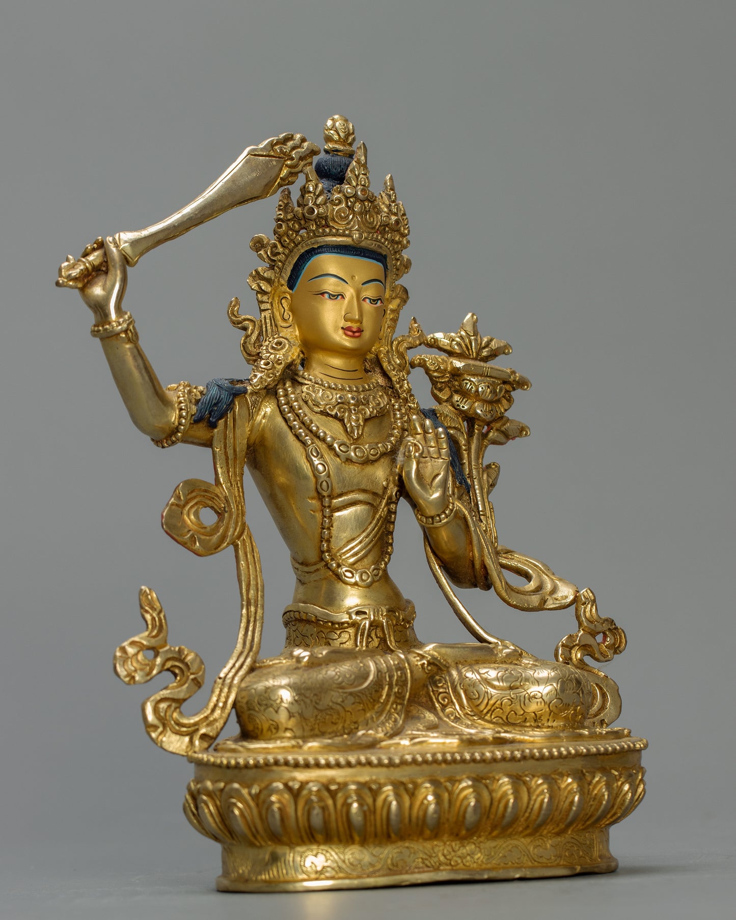Manjushree Bodhisattva Statue 1.5 kg – Handmade in Nepal | Copper Body with 24K Gold Plating | Tibetan Buddhist Art & Spiritual Home Decor