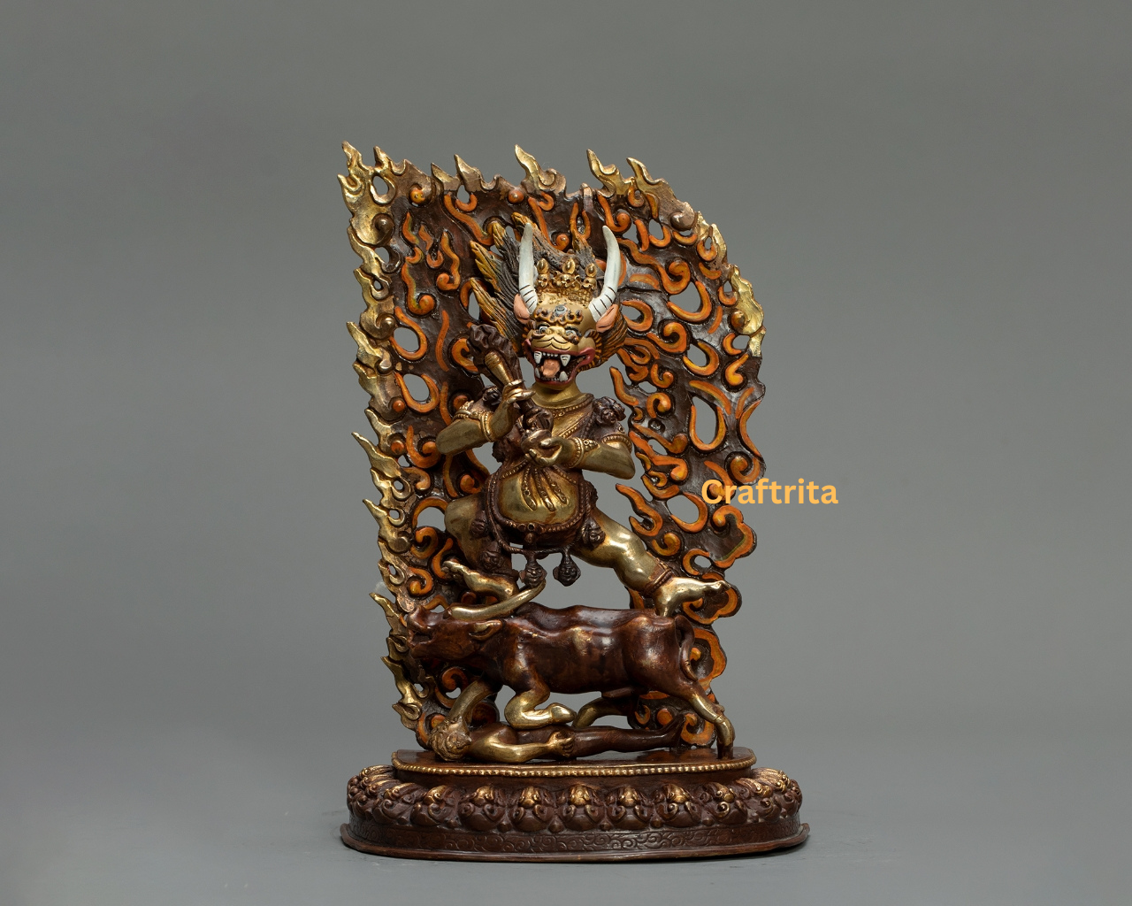 Yamantaka Statue – 2kg Copper Buddhist Deity Sculpture | Nepali Handicraft with Oxidized Finish & Half 24K Gold Fire-Gilding