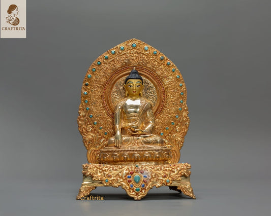 Shakyamuni Buddha on Throne Statue – Handcrafted in Nepal | Tibetan Buddhist Art for Spiritual Home Decor