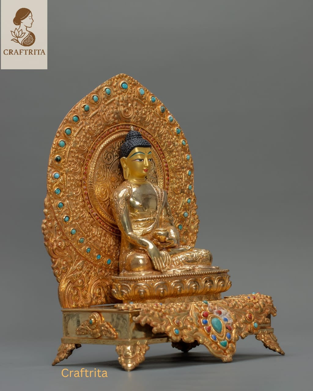 Shakyamuni Buddha on Throne Statue – Handcrafted in Nepal | Tibetan Buddhist Art for Spiritual Home Decor
