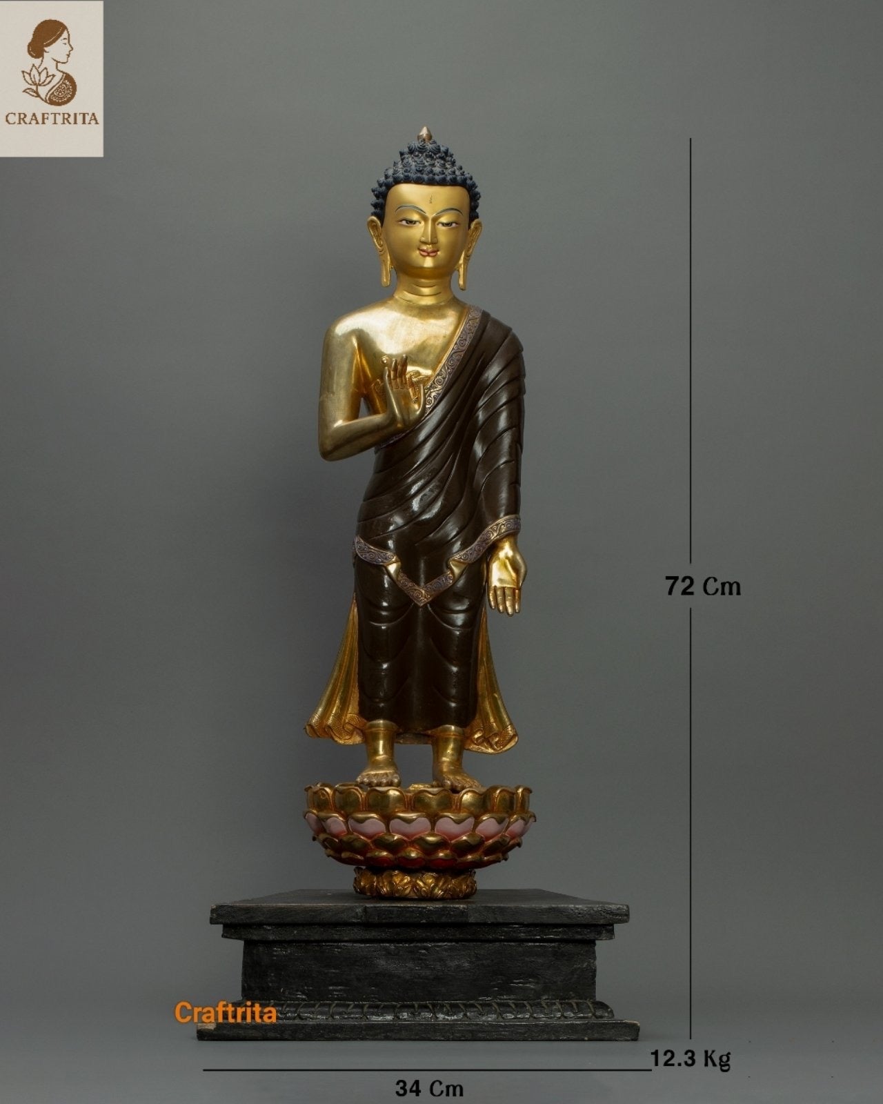 Handcrafted Standing Buddha Statue – Nepalese Copper with 24K Gold Plating | Tibetan Spiritual Art