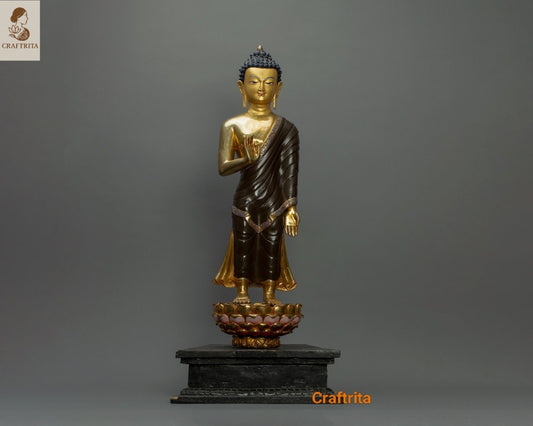 Handcrafted Standing Buddha Statue – Nepalese Copper with 24K Gold Plating | Tibetan Spiritual Art