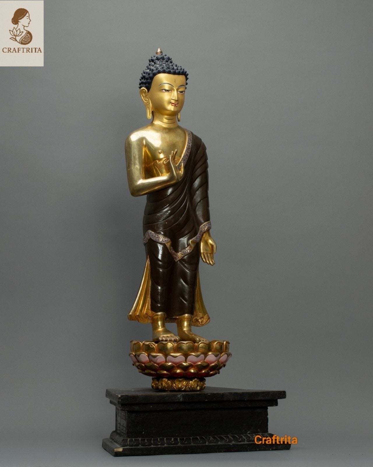 Handcrafted Standing Buddha Statue – Nepalese Copper with 24K Gold Plating | Tibetan Spiritual Art