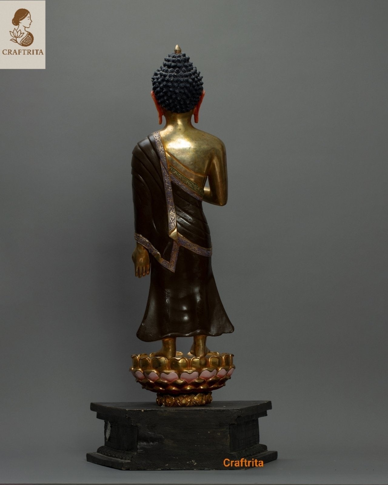 Handcrafted Standing Buddha Statue – Nepalese Copper with 24K Gold Plating | Tibetan Spiritual Art