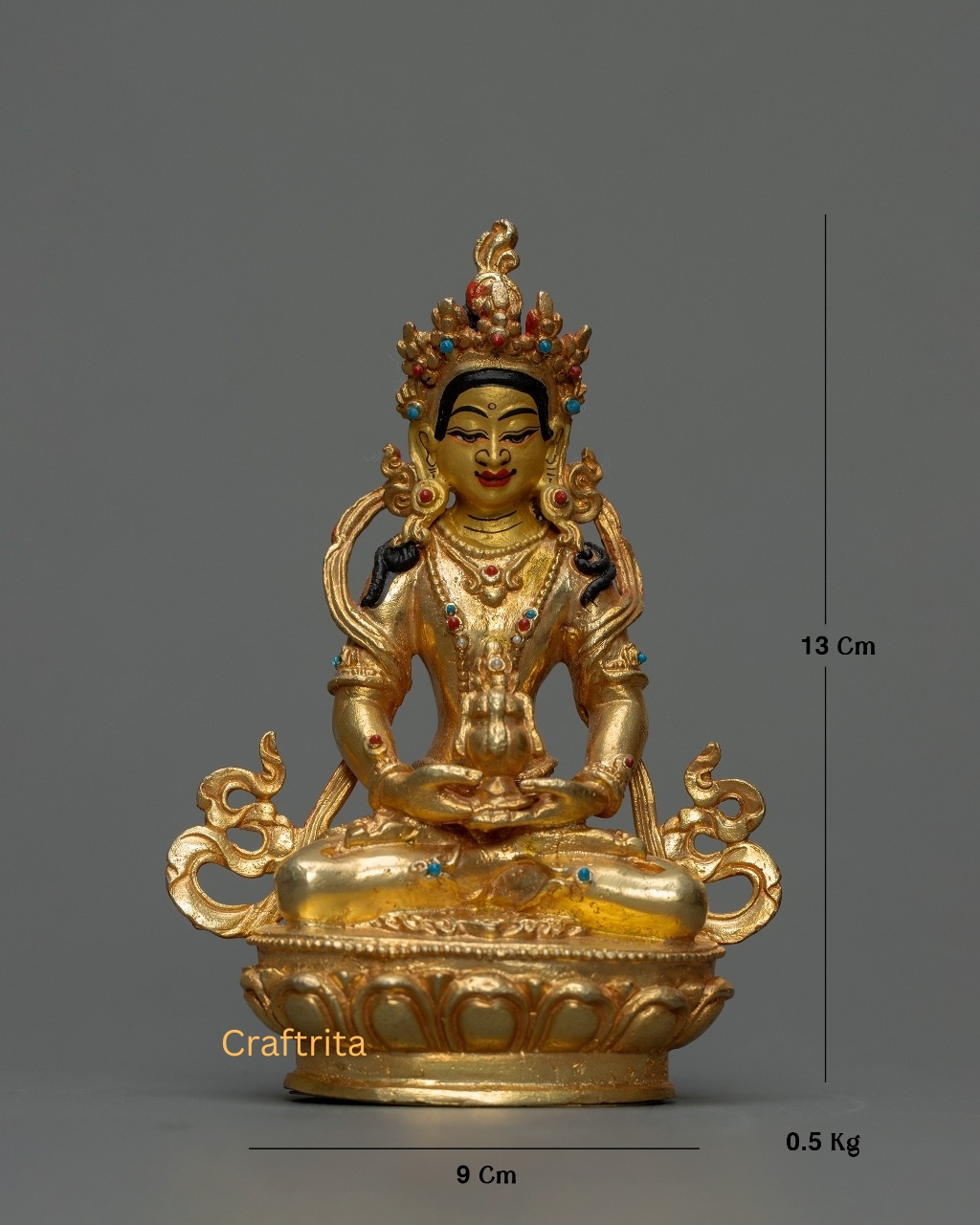 Amitayus Buddha Statue 0.5kg – Copper Body with 24K Gold Plating by Fire Gilding | Handmade Tibetan Buddhist Deity of Long Life & Prosperity