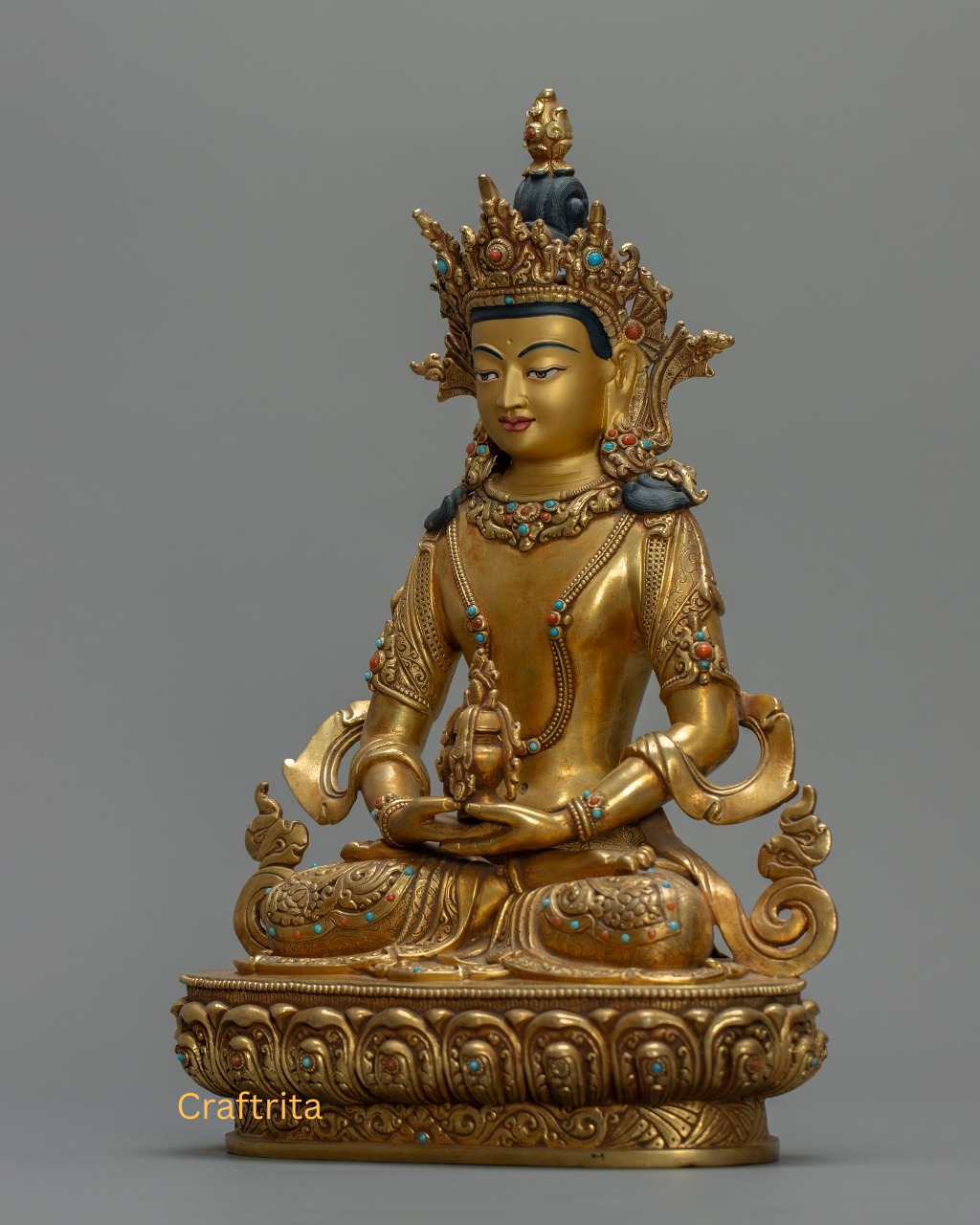 Amitayus Buddha Statue 4.5 kg – Copper Body with 24K Gold Plated Fire Gilding | Handmade Tibetan Buddhist Deity for Spiritual Home Decor
