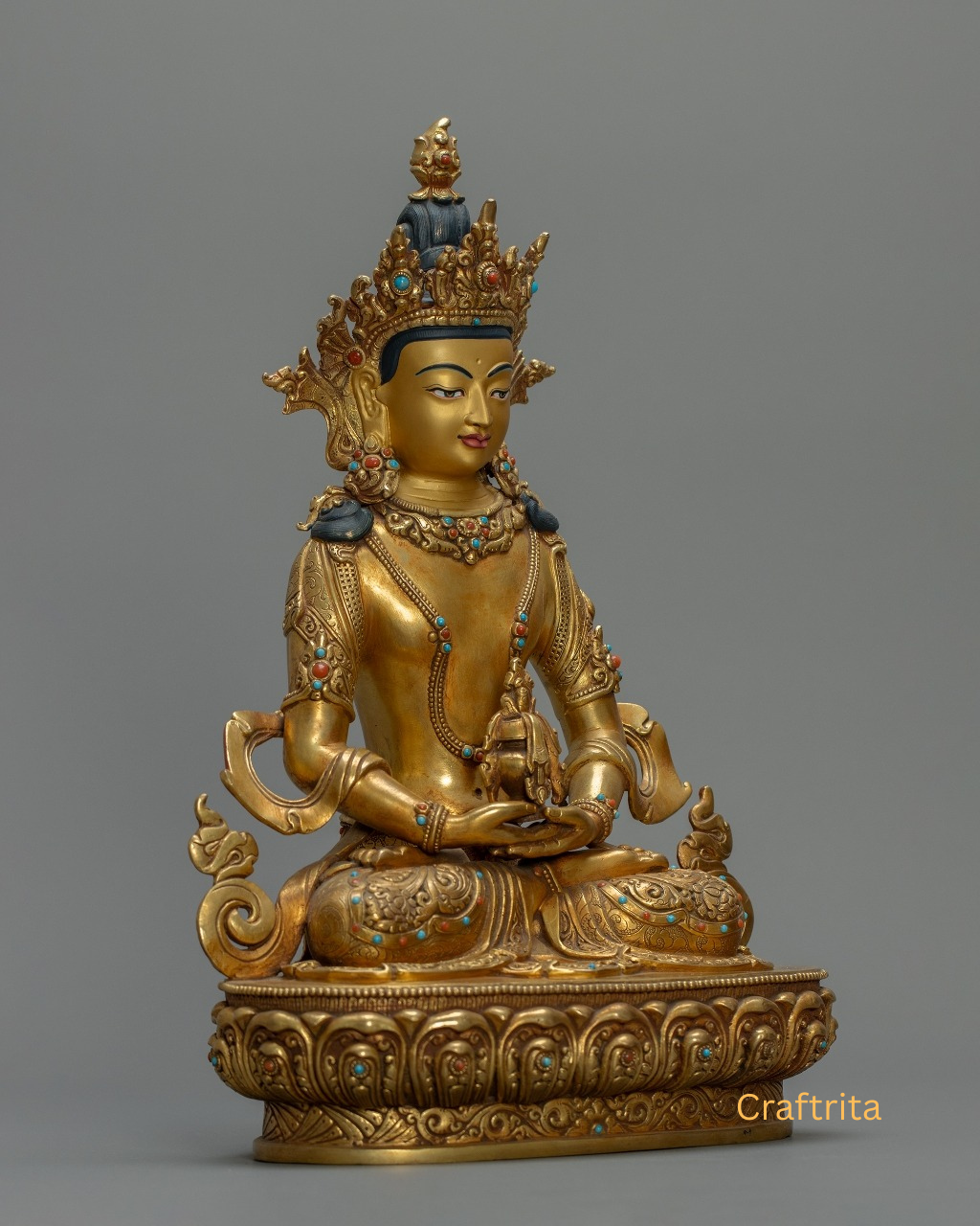 Amitayus Buddha Statue 4.5 kg – Copper Body with 24K Gold Plated Fire Gilding | Handmade Tibetan Buddhist Deity for Spiritual Home Decor