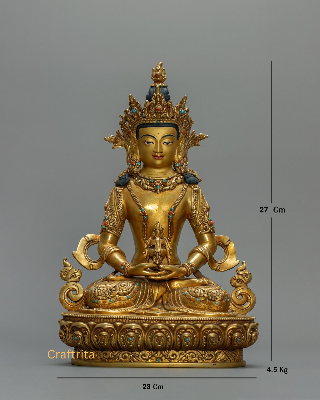 Amitayus Buddha Statue 4.5 kg – Copper Body with 24K Gold Plated Fire Gilding | Handmade Tibetan Buddhist Deity for Spiritual Home Decor