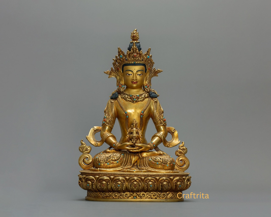Amitayus Buddha Statue 4.5 kg – Copper Body with 24K Gold Plated Fire Gilding | Handmade Tibetan Buddhist Deity for Spiritual Home Decor