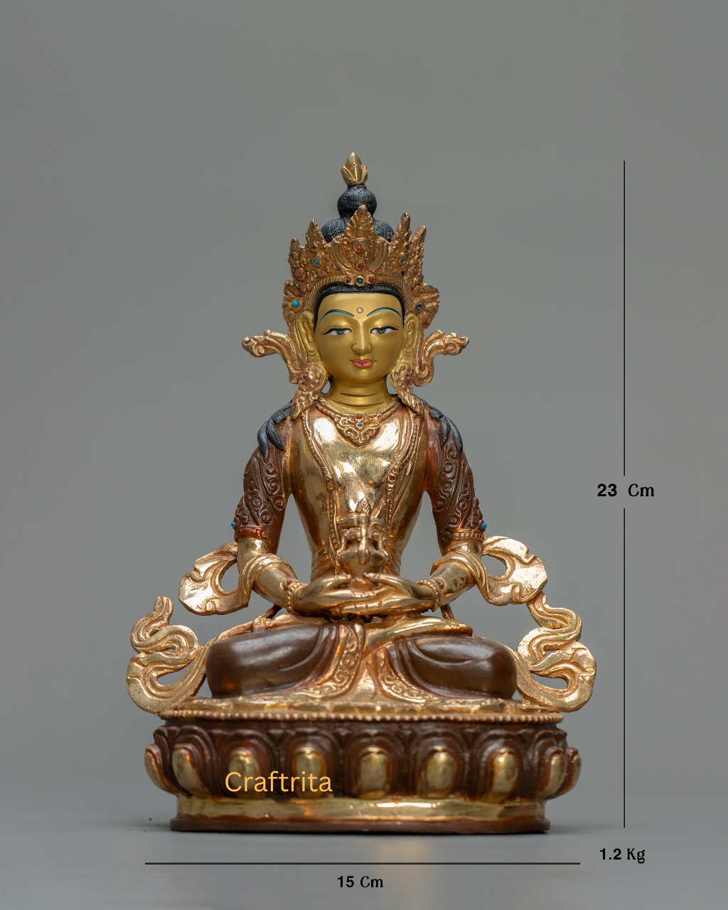 Amitayus Buddha Statue 1.2kg – Handmade Copper Body, 24K Gold Plating, Fire Gilded & Acrylic Painted Tibetan Buddhist Deity for Spiritual Home Decor