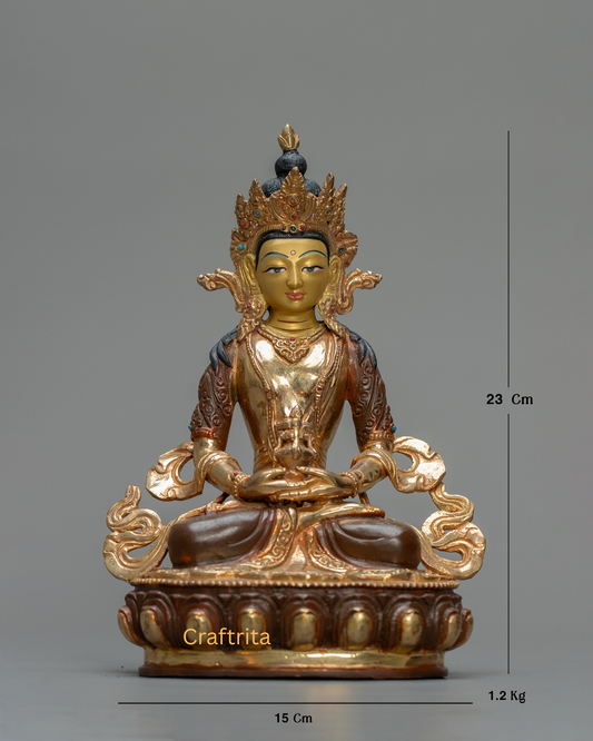 Amitayus Buddha Statue 1.2kg – Handmade Copper Body, 24K Gold Plating, Fire Gilded & Acrylic Painted Tibetan Buddhist Deity for Spiritual Home Decor