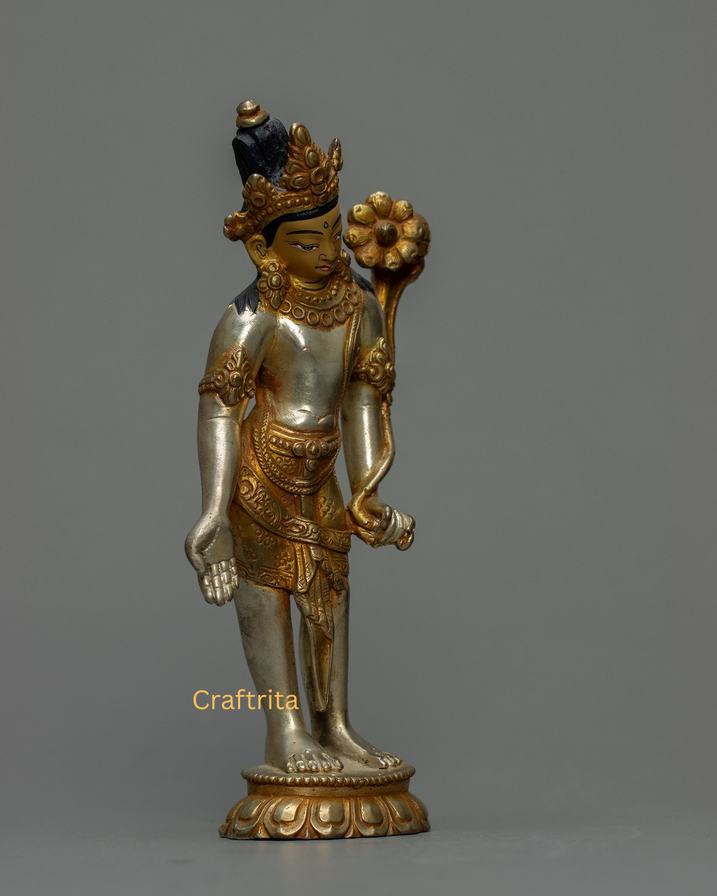 Avalokiteshvara Buddha Statue 0.6 kg – Copper Body with 24K Gold & Silver Plating | Handmade Tibetan Buddhist Deity of Compassion for Spiritual Home Decor