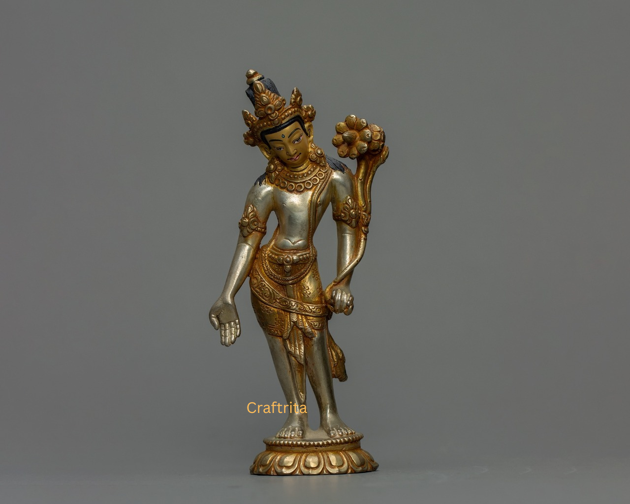 Avalokiteshvara Buddha Statue 0.6 kg – Copper Body with 24K Gold & Silver Plating | Handmade Tibetan Buddhist Deity of Compassion for Spiritual Home Decor