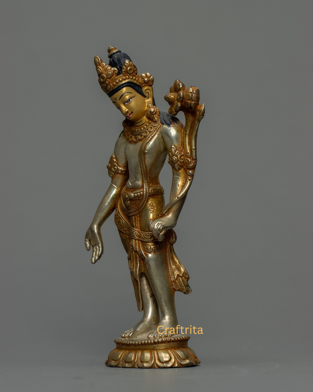 Avalokiteshvara Buddha Statue 0.6 kg – Copper Body with 24K Gold & Silver Plating | Handmade Tibetan Buddhist Deity of Compassion for Spiritual Home Decor