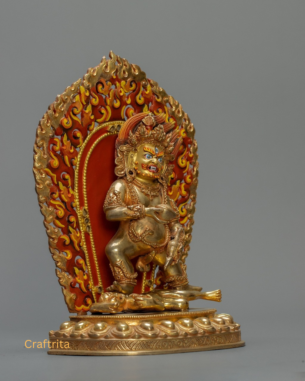 Black Dzambhala Statue 1.6 kg – Copper Body with 24K Gold Plating & Acrylic Painting | Handmade Tibetan Buddhist Deity for Spiritual Home Decor