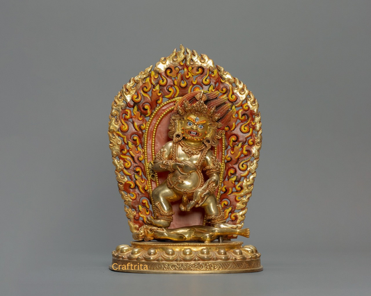 Black Dzambhala Statue 1.6 kg – Copper Body with 24K Gold Plating & Acrylic Painting | Handmade Tibetan Buddhist Deity for Spiritual Home Decor