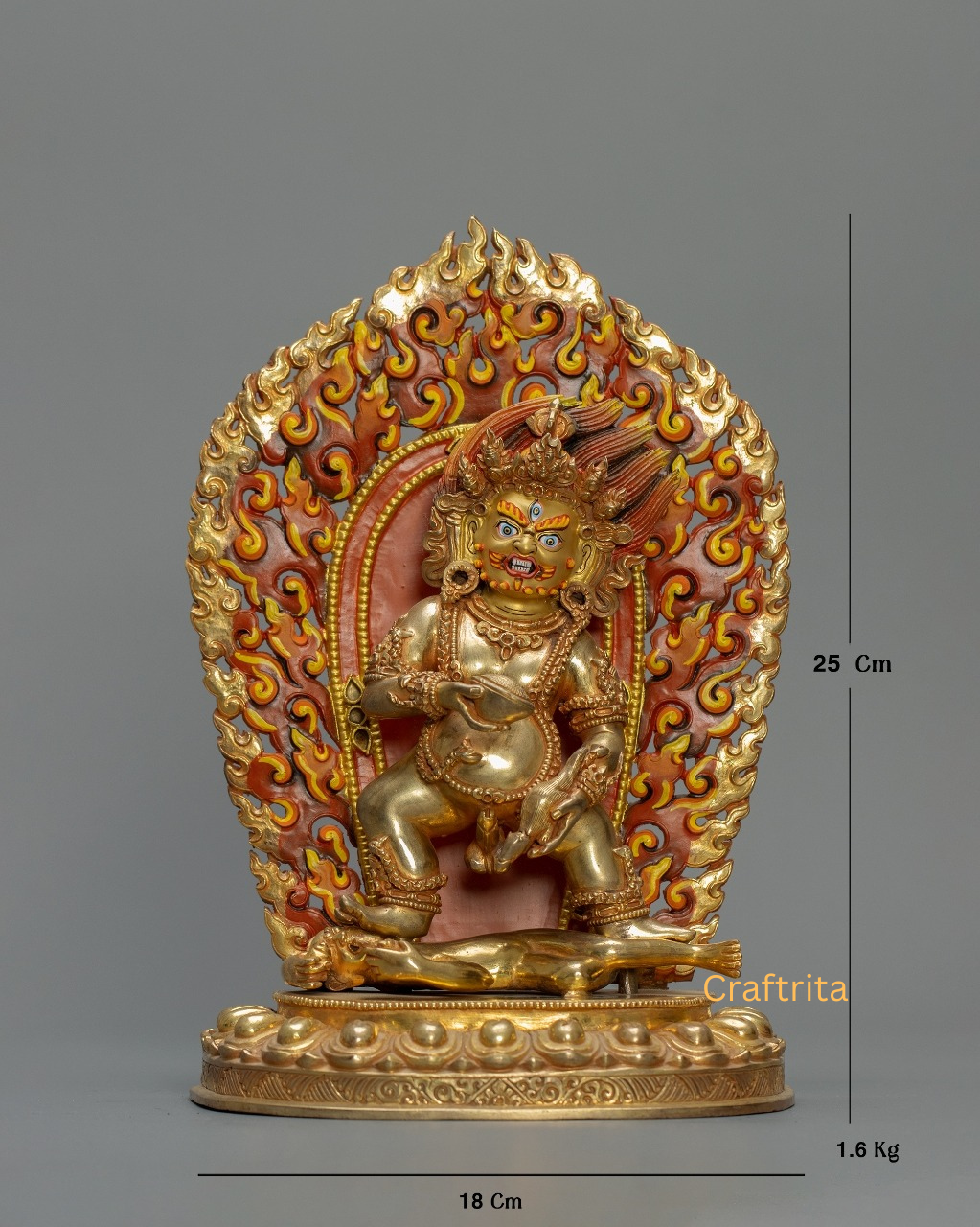 Black Dzambhala Statue 1.6 kg – Copper Body with 24K Gold Plating & Acrylic Painting | Handmade Tibetan Buddhist Deity for Spiritual Home Decor