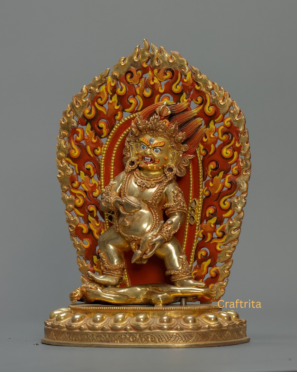 Black Dzambhala Statue 1.6 kg – Copper Body with 24K Gold Plating & Acrylic Painting | Handmade Tibetan Buddhist Deity for Spiritual Home Decor