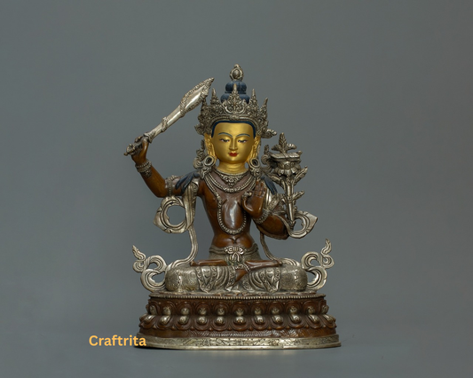 Manjushri Bodhisattva Statue  | Handmade in Nepal | Gold & Silver Fire-Gilded Buddhist Art