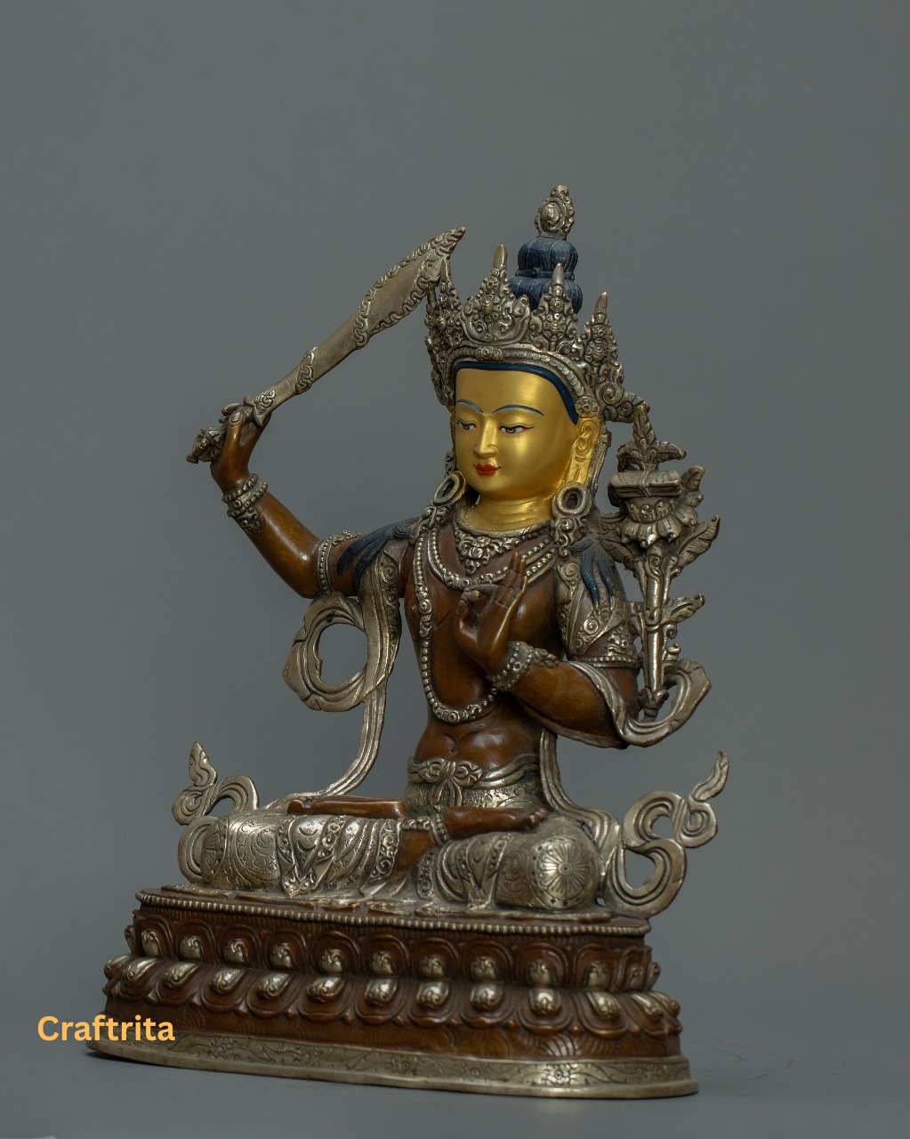Manjushri Bodhisattva Statue  | Handmade in Nepal | Gold & Silver Fire-Gilded Buddhist Art