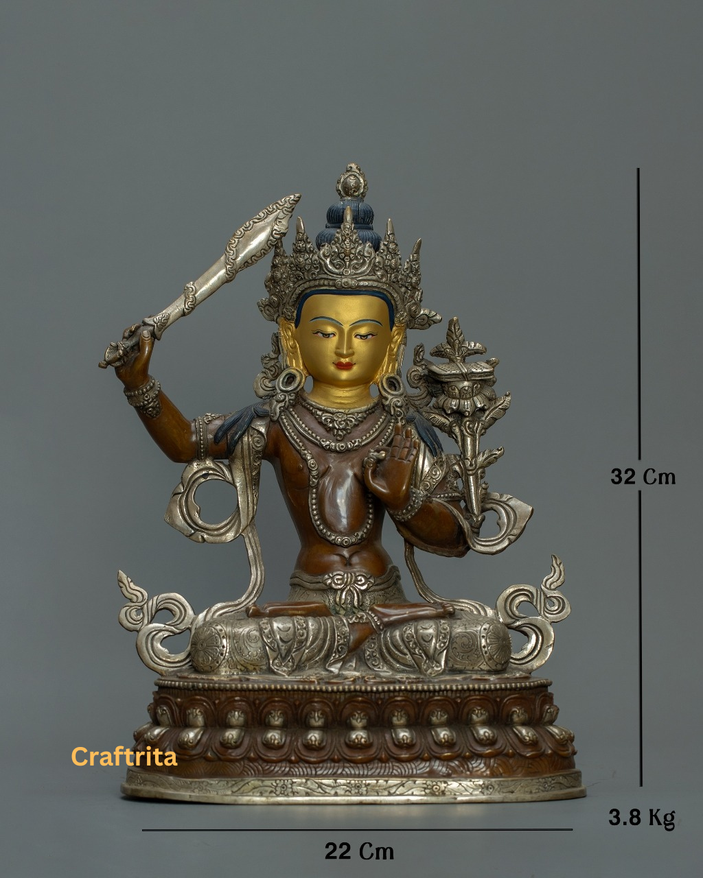 Manjushri Bodhisattva Statue  | Handmade in Nepal | Gold & Silver Fire-Gilded Buddhist Art
