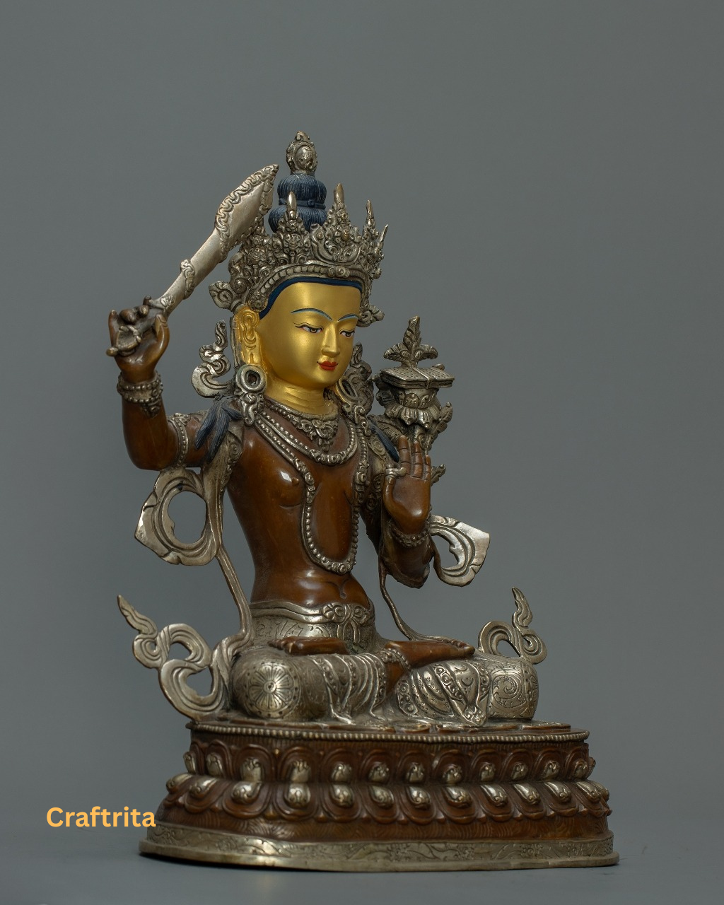 Manjushri Bodhisattva Statue  | Handmade in Nepal | Gold & Silver Fire-Gilded Buddhist Art