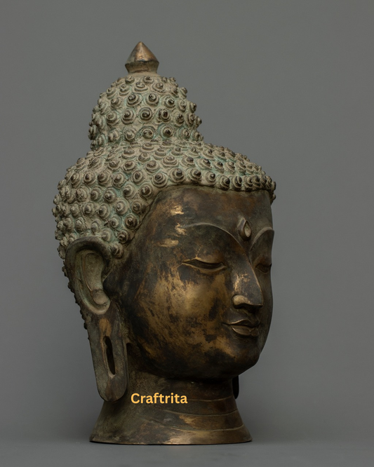 Buddha Head Statue 2kg – Handmade in Nepal | Antique Finish Bronze & Copper Sculpture | Buddhist Art & Spiritual Home Decor