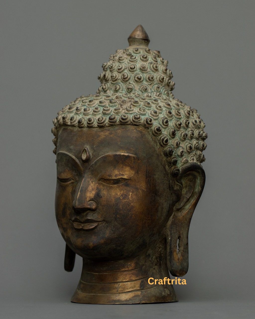 Buddha Head Statue 2kg – Handmade in Nepal | Antique Finish Bronze & Copper Sculpture | Buddhist Art & Spiritual Home Decor