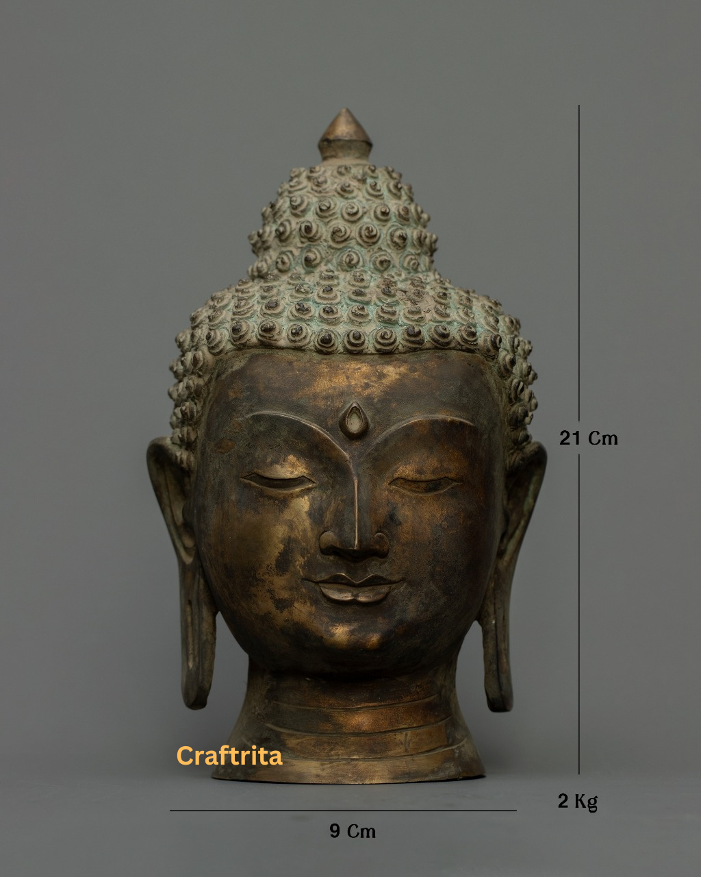Buddha Head Statue 2kg – Handmade in Nepal | Antique Finish Bronze & Copper Sculpture | Buddhist Art & Spiritual Home Decor