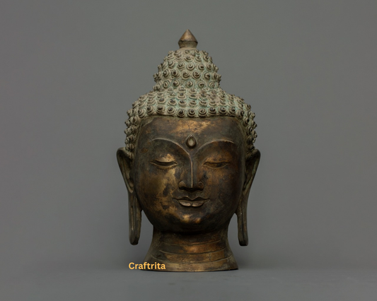 Antique Bronze Buddha Head Statue – Handmade Nepalese Copper Sculpture | Spiritual Home Decor