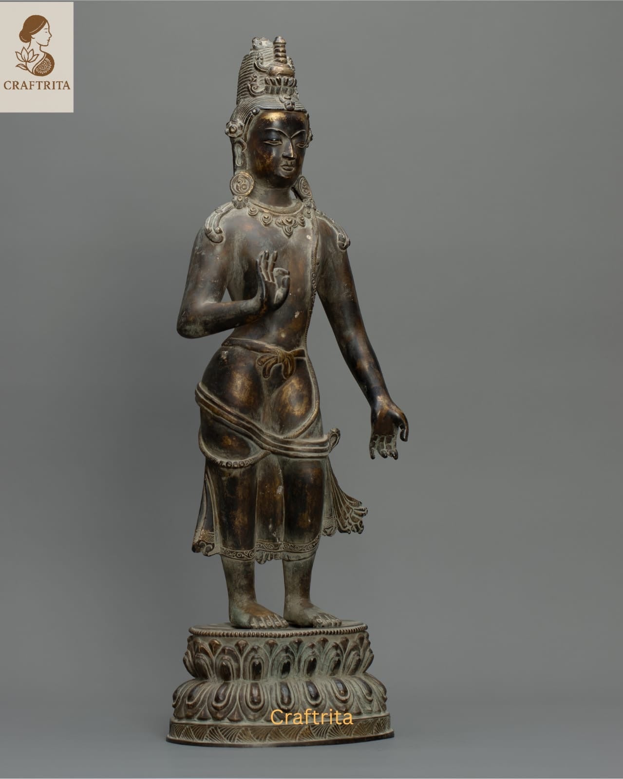 Maitreya Buddha Statue – Antique Finish Bronze & Copper Sculpture | Handmade Buddhist Art for Spiritual Home Decor