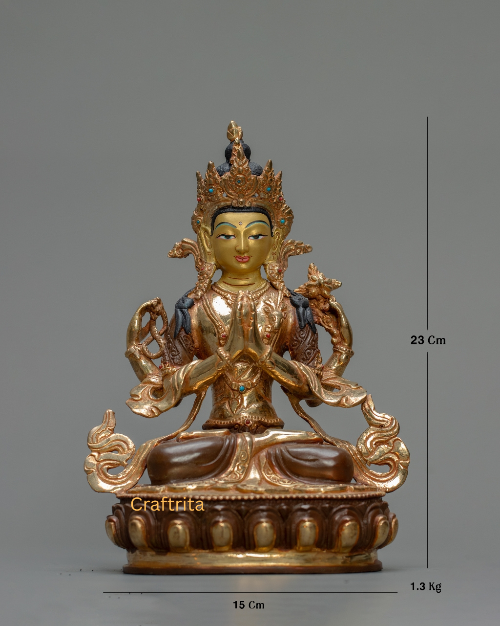 Chenrezig Statue (Avalokiteshvara) 1.3kg – Handmade in Nepal | Copper Body with 24K Gold Plating, Fire Gilding & Acrylic Painting | Tibetan Buddhist Deity of Compassion & Spiritual Home Decor