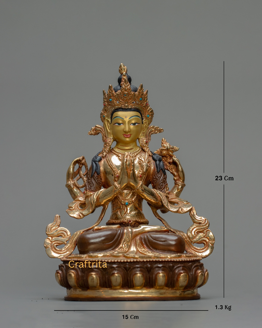 Chenrezig Statue (Avalokiteshvara) 1.3kg – Handmade in Nepal | Copper Body with 24K Gold Plating, Fire Gilding & Acrylic Painting | Tibetan Buddhist Deity of Compassion & Spiritual Home Decor