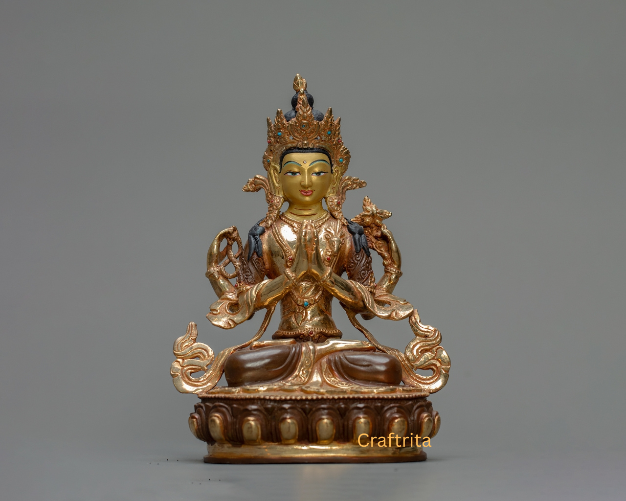 Chenrezig Statue (Avalokiteshvara) 1.3kg – Handmade in Nepal | Copper Body with 24K Gold Plating, Fire Gilding & Acrylic Painting | Tibetan Buddhist Deity of Compassion & Spiritual Home Decor