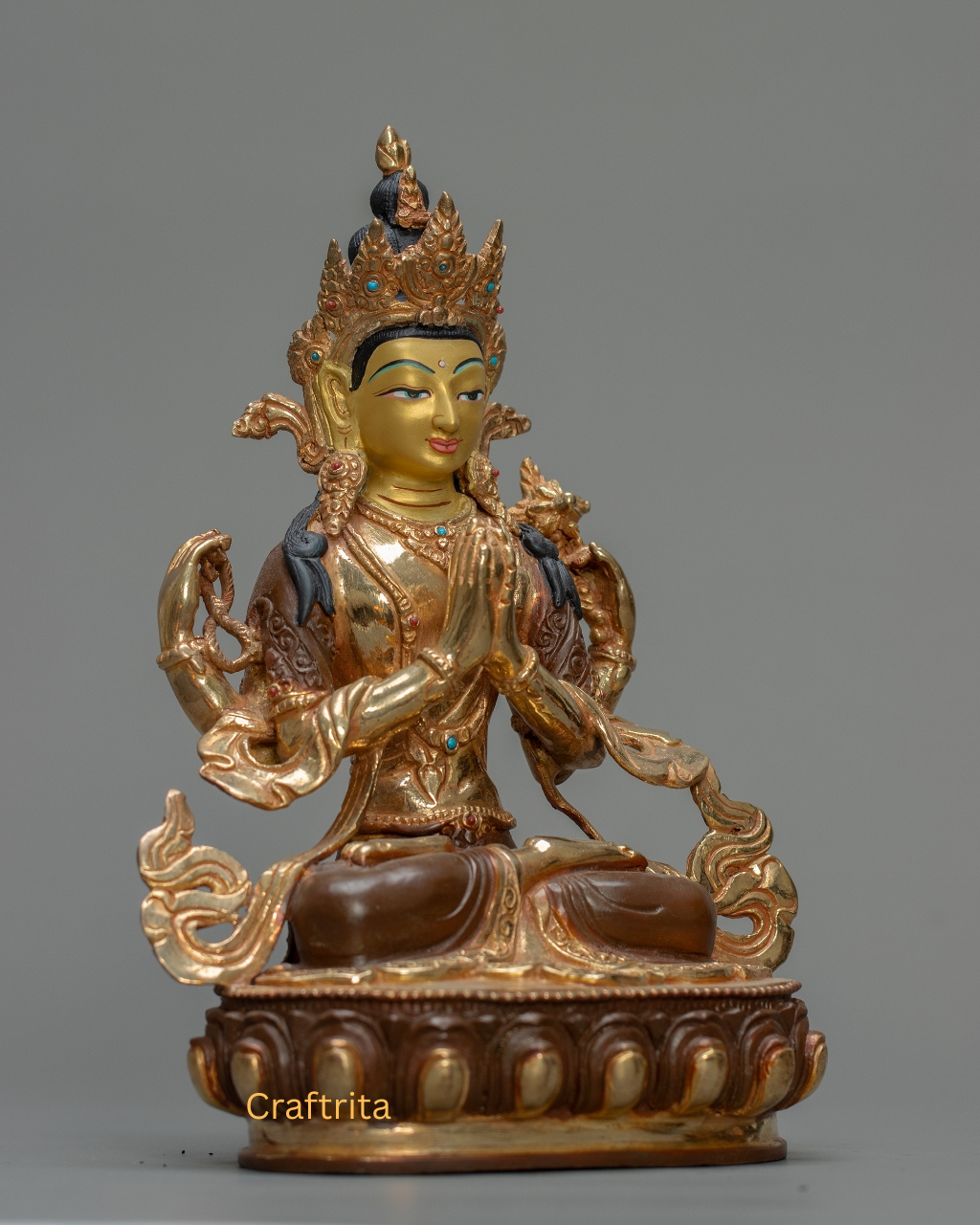 Chenrezig Statue (Avalokiteshvara) 1.3kg – Handmade in Nepal | Copper Body with 24K Gold Plating, Fire Gilding & Acrylic Painting | Tibetan Buddhist Deity of Compassion & Spiritual Home Decor