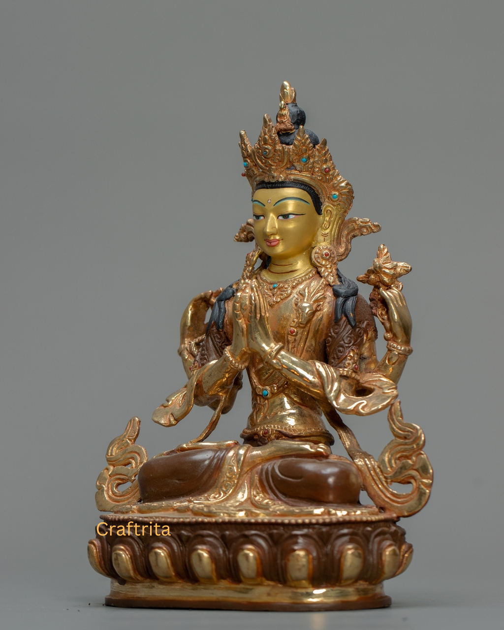Chenrezig Statue (Avalokiteshvara) 1.3kg – Handmade in Nepal | Copper Body with 24K Gold Plating, Fire Gilding & Acrylic Painting | Tibetan Buddhist Deity of Compassion & Spiritual Home Decor