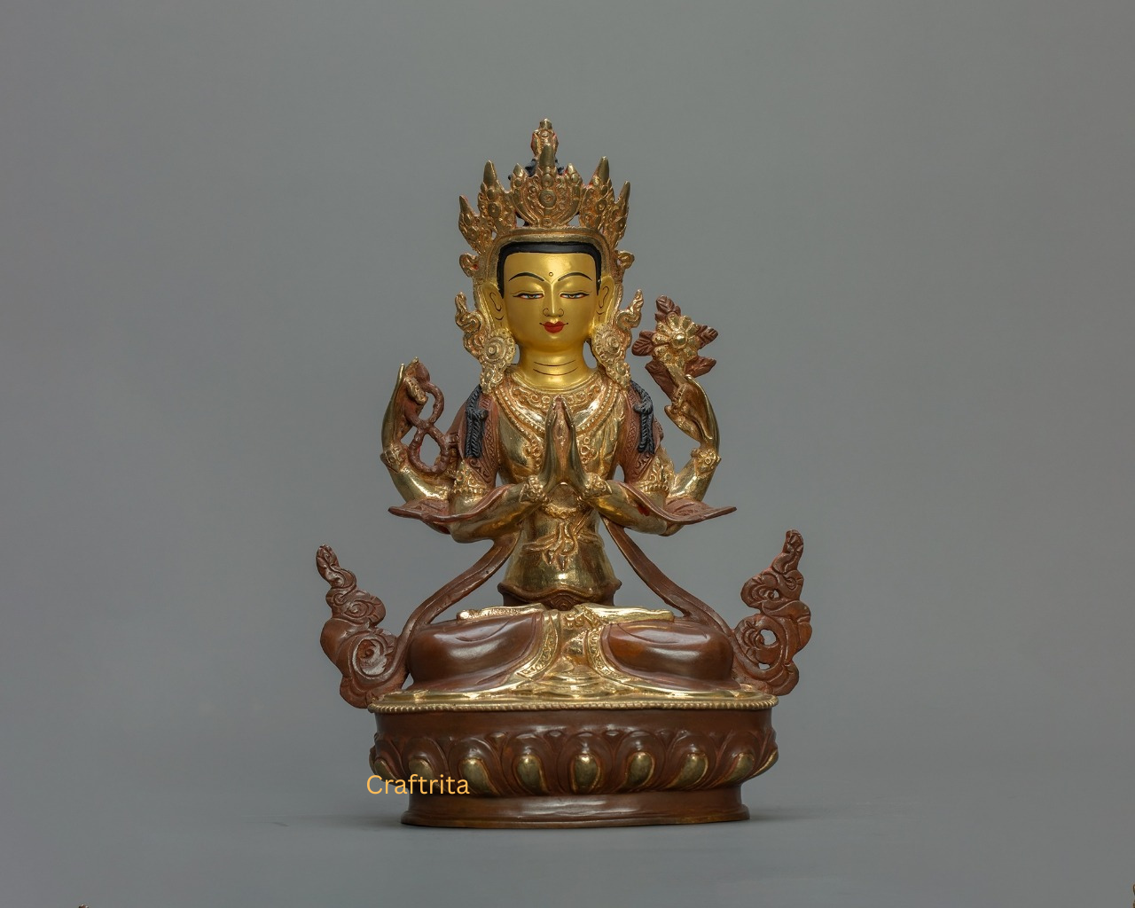 Tibetan Chenrezig Statue – Handmade in Nepal | Copper Body with 24K Gold Fire Gilding & Painted Details | Deity of Compassion